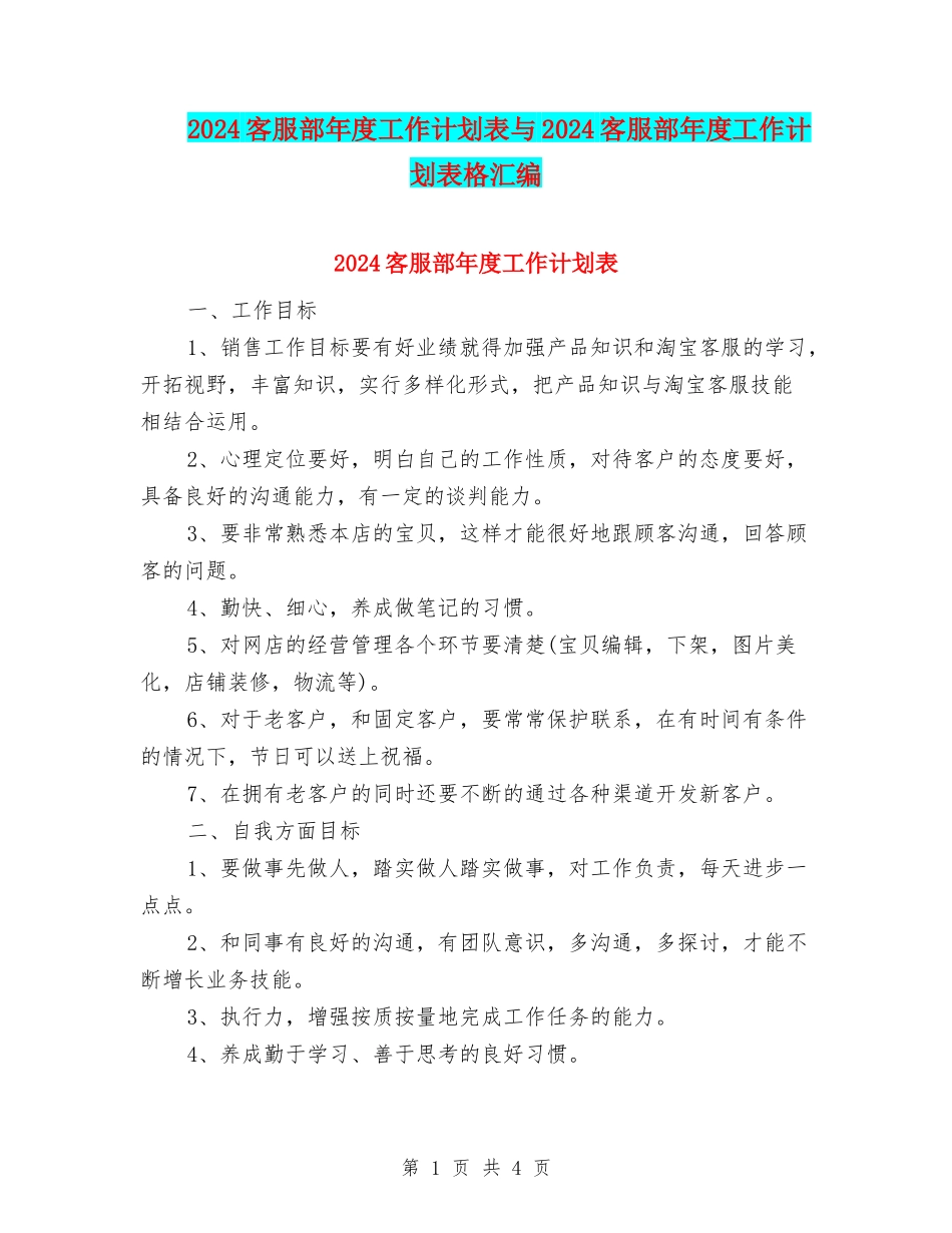 2024客服部年度工作计划表与2024客服部年度工作计划表格汇编_第1页