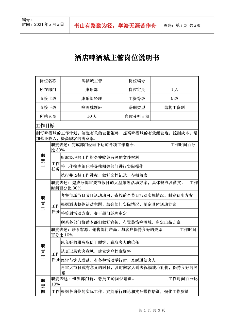 酒店啤酒城主管岗位说明书_第1页