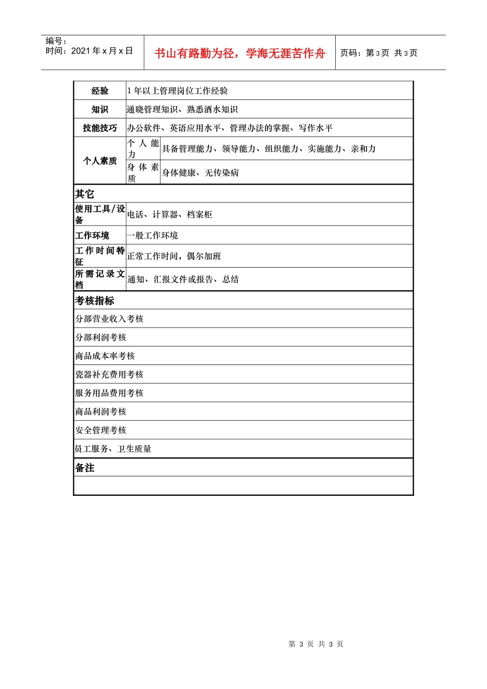 酒店啤酒城主管岗位说明书_第3页