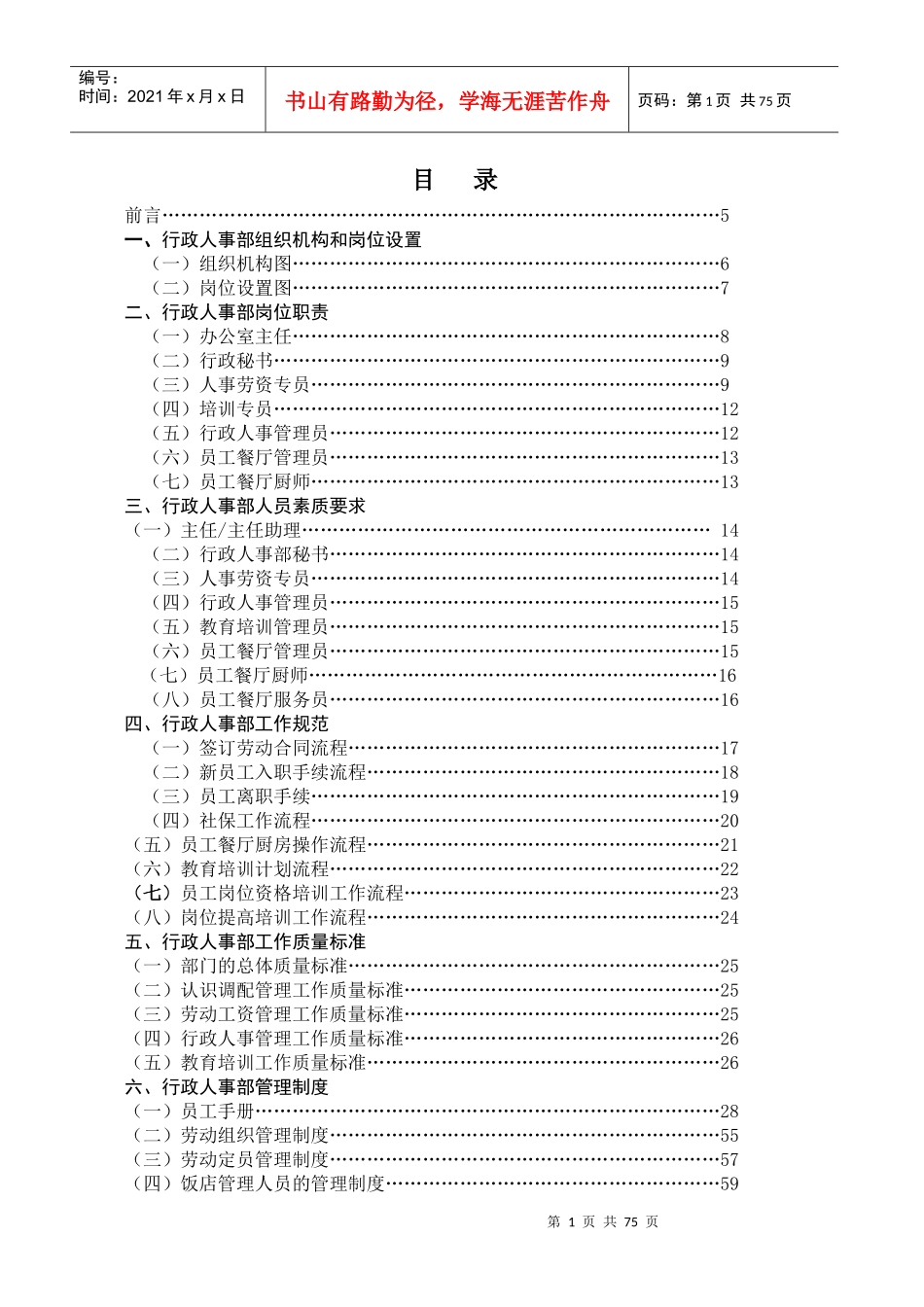 行政人事部组织机构和岗位设置(花园酒店)_第1页