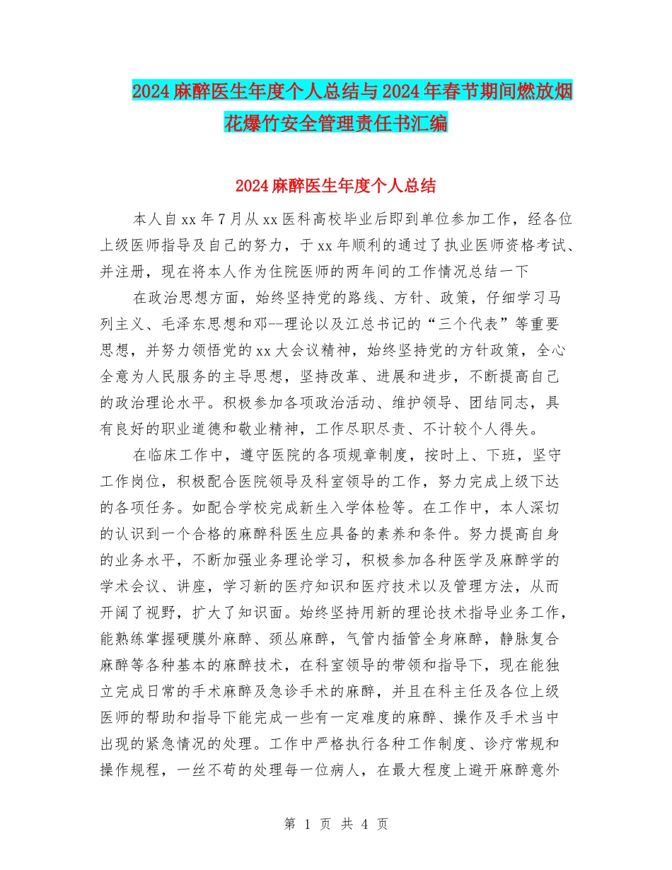 2024麻醉医生年度个人总结与2024年春节期间燃放烟花爆竹安全管理责任书汇编_第1页