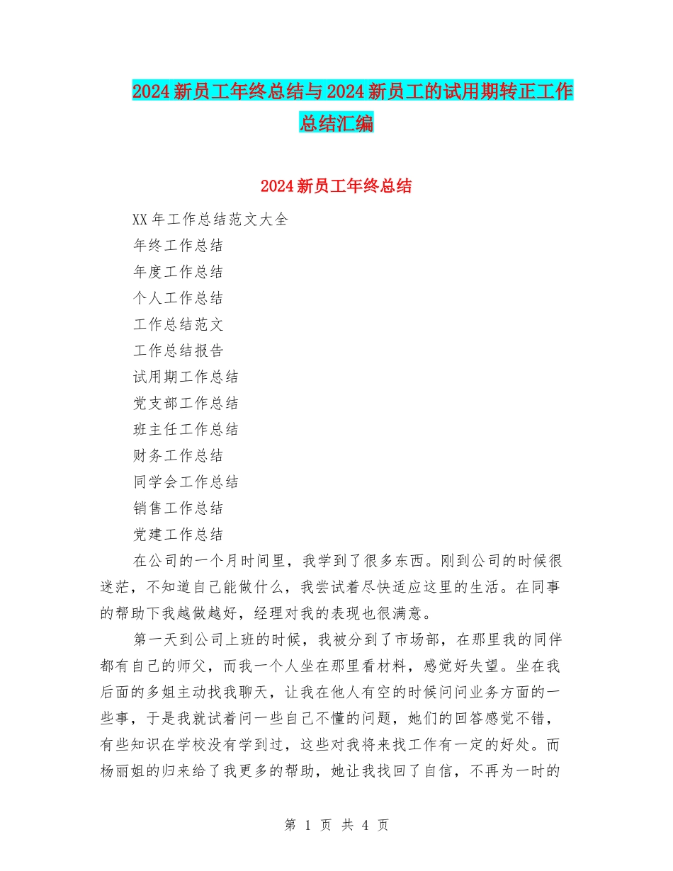 2024新员工年终总结与2024新员工的试用期转正工作总结汇编_第1页