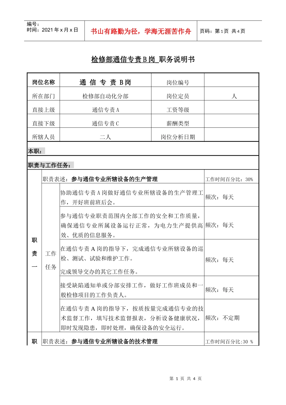职务说明-检修部通信专责_第1页