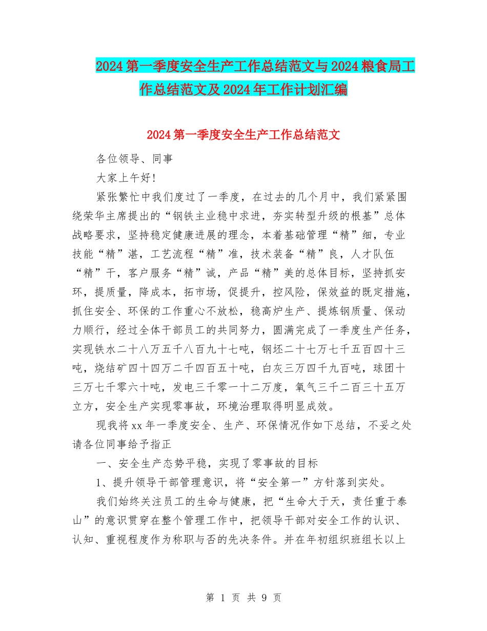 2024第一季度安全生产工作总结范文与2024粮食局工作总结范文及2024年工作计划汇编_第1页