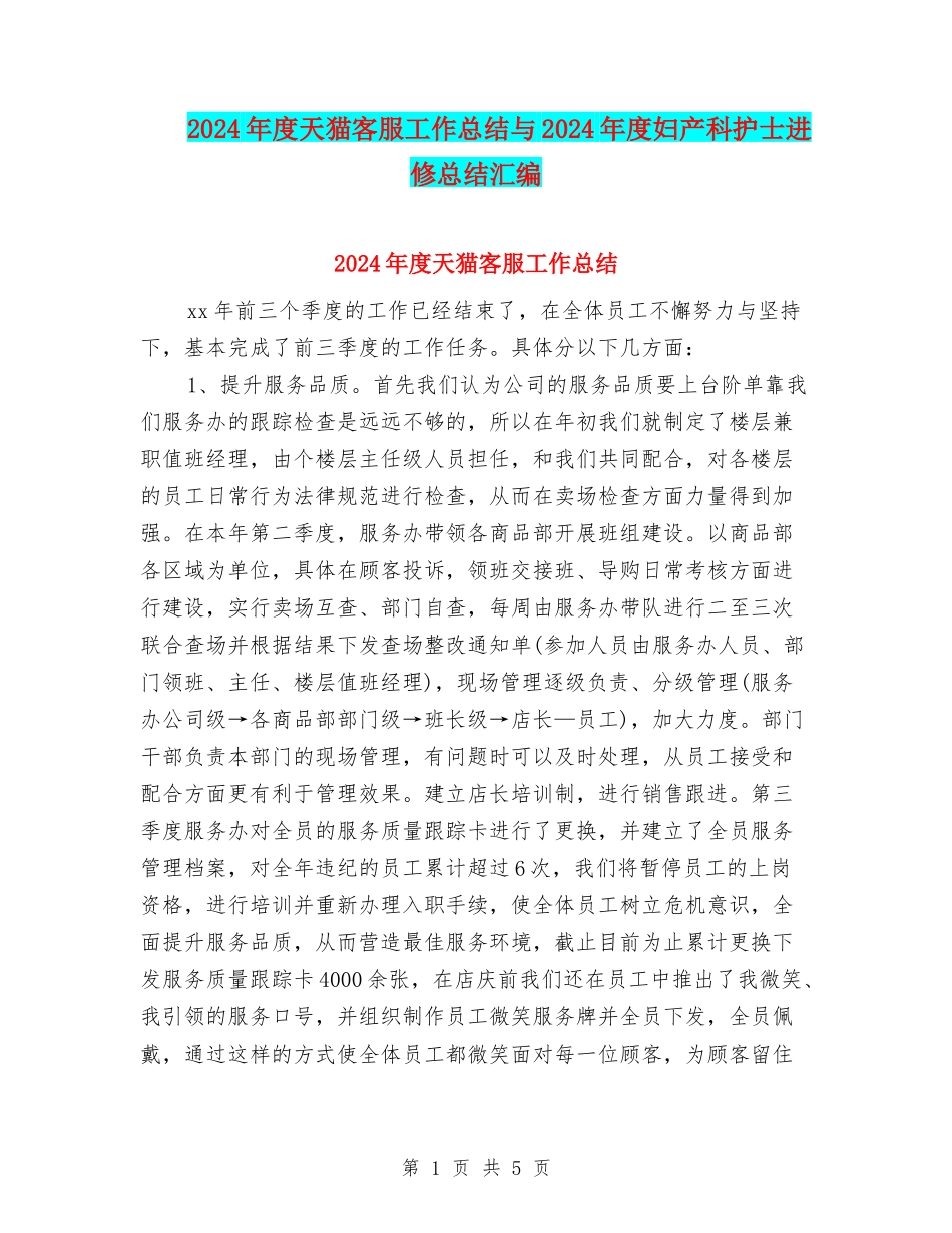 2024年度天猫客服工作总结与2024年度妇产科护士进修总结汇编_第1页