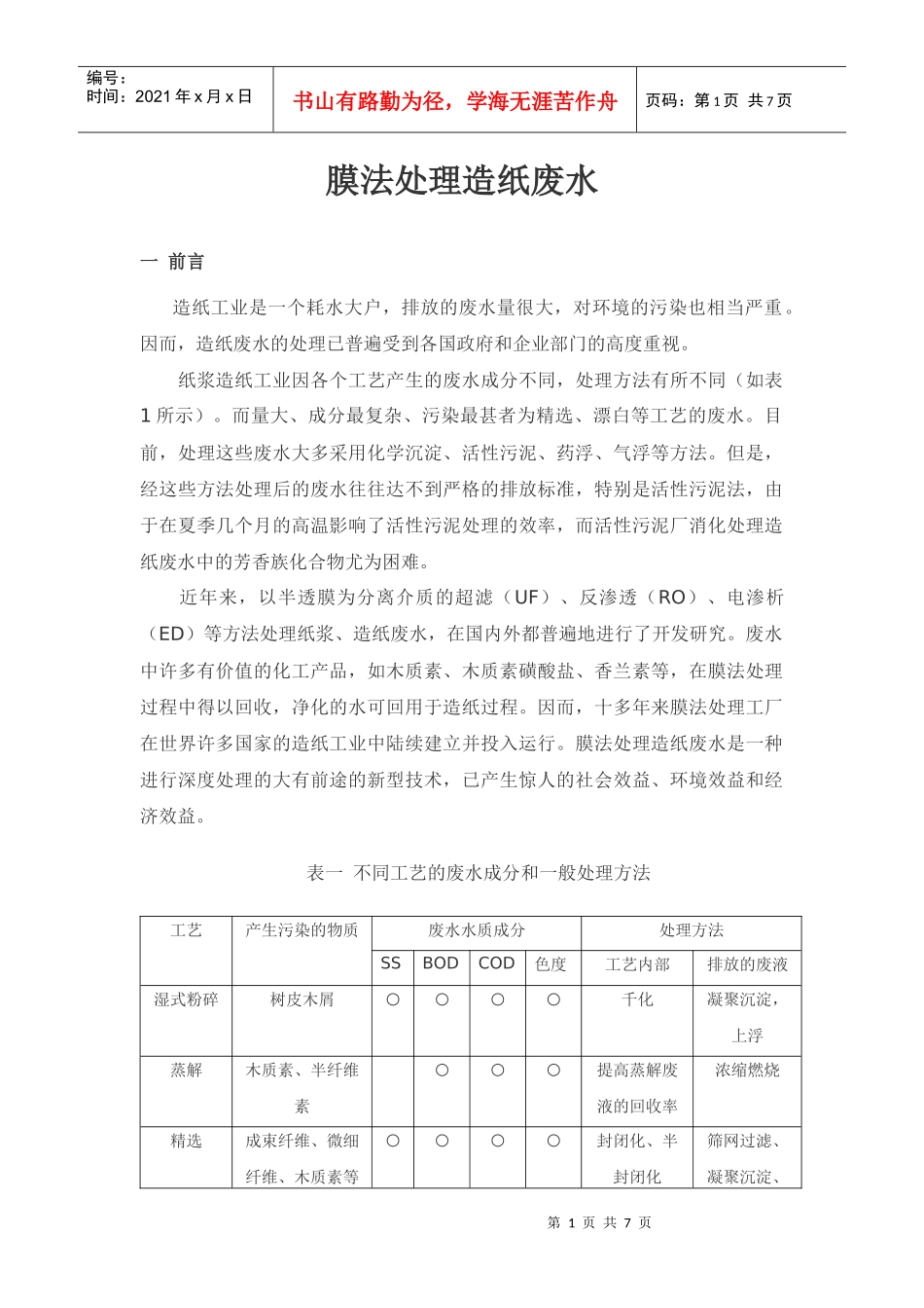 膜法处理造纸废水_第1页