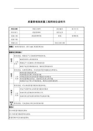 质量管理部质量工程师岗位说明书