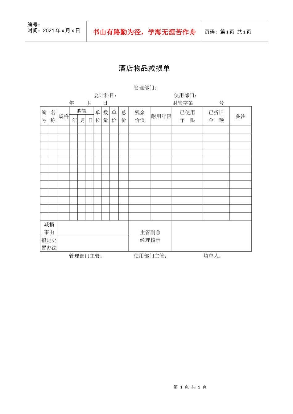酒店物品减损单_第1页