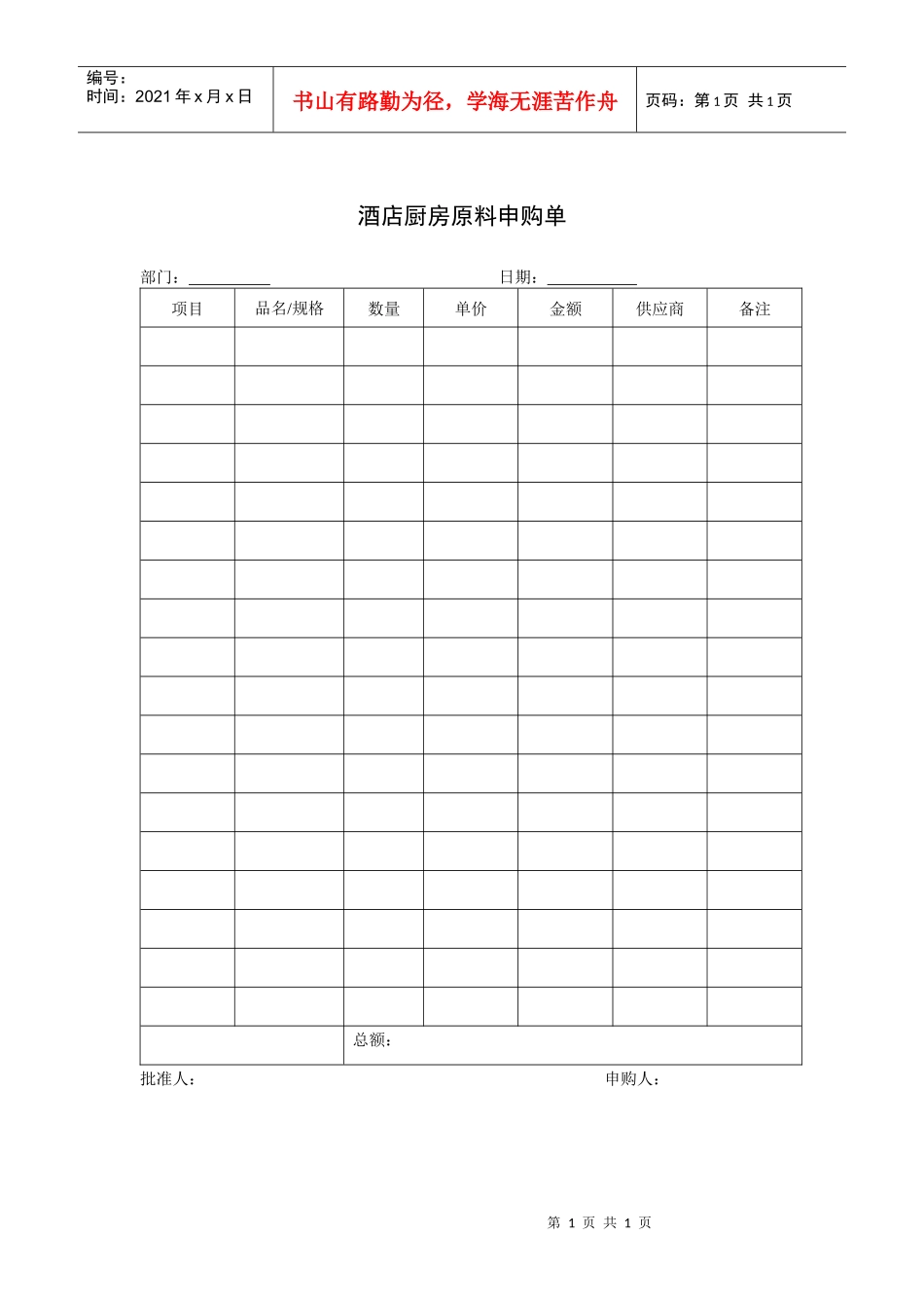 酒店厨房原料申购单_第1页