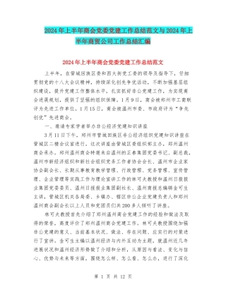 2024年上半年商会党委党建工作总结范文与2024年上半年商贸公司工作总结汇编