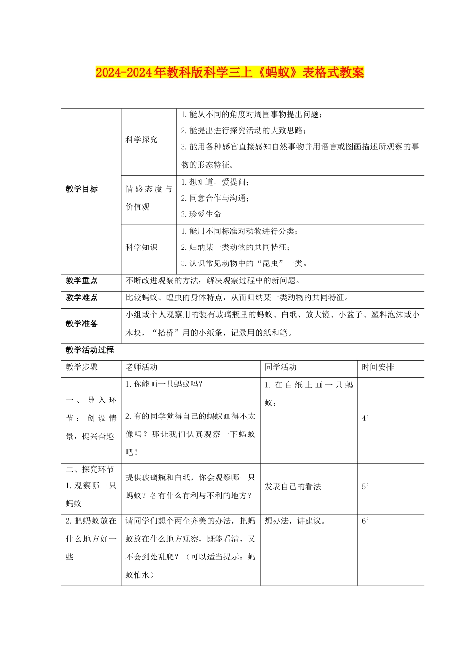 2024-2024年教科版科学三上《蚂蚁》表格式教案_第1页