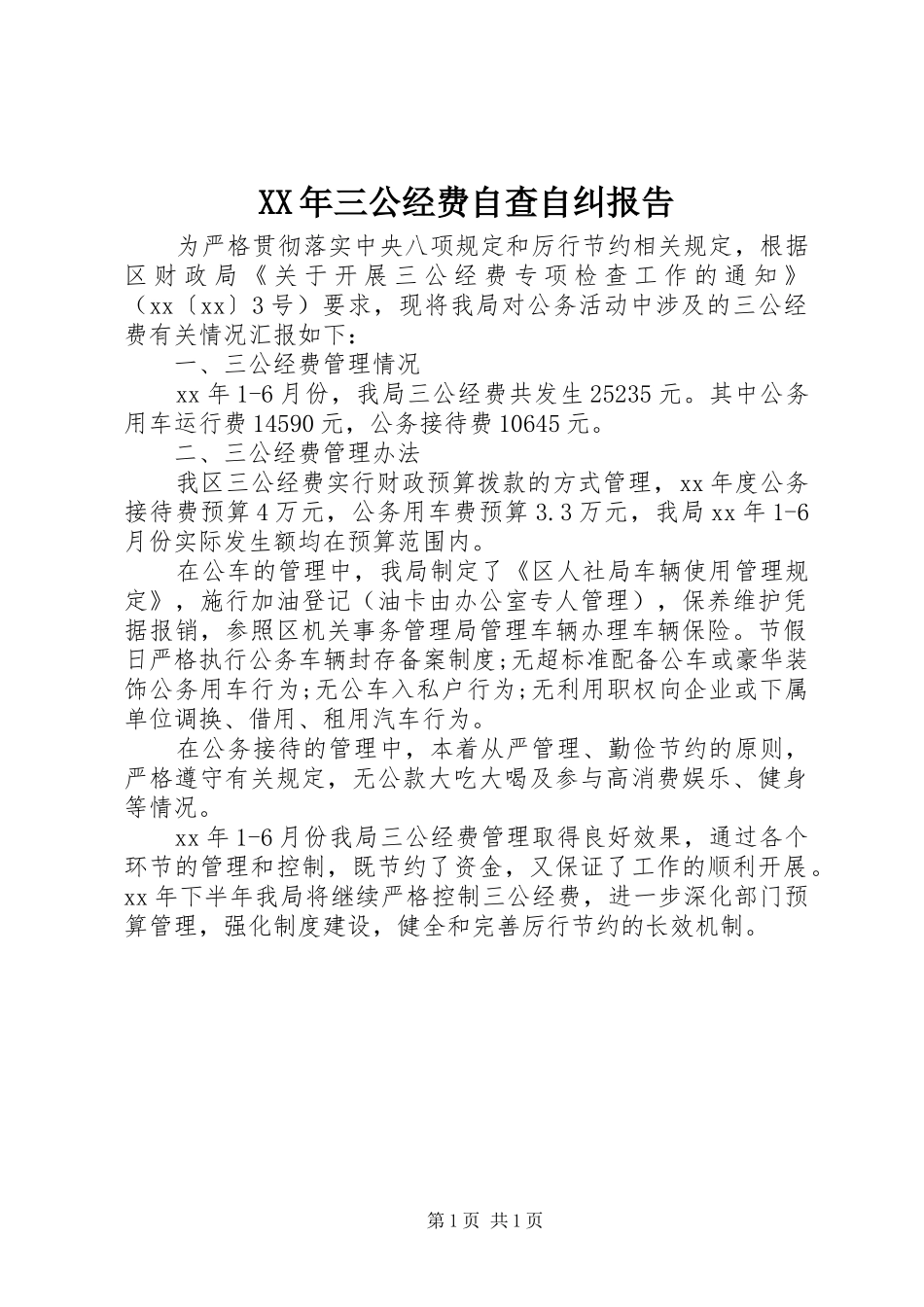 XX年三公经费自查自纠报告_第1页