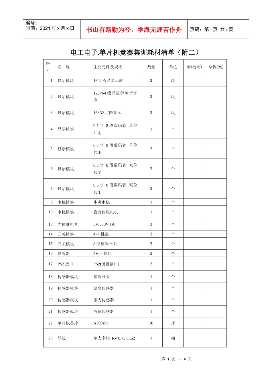 电工电子单片机竞赛集训耗材清单(附二)_第1页