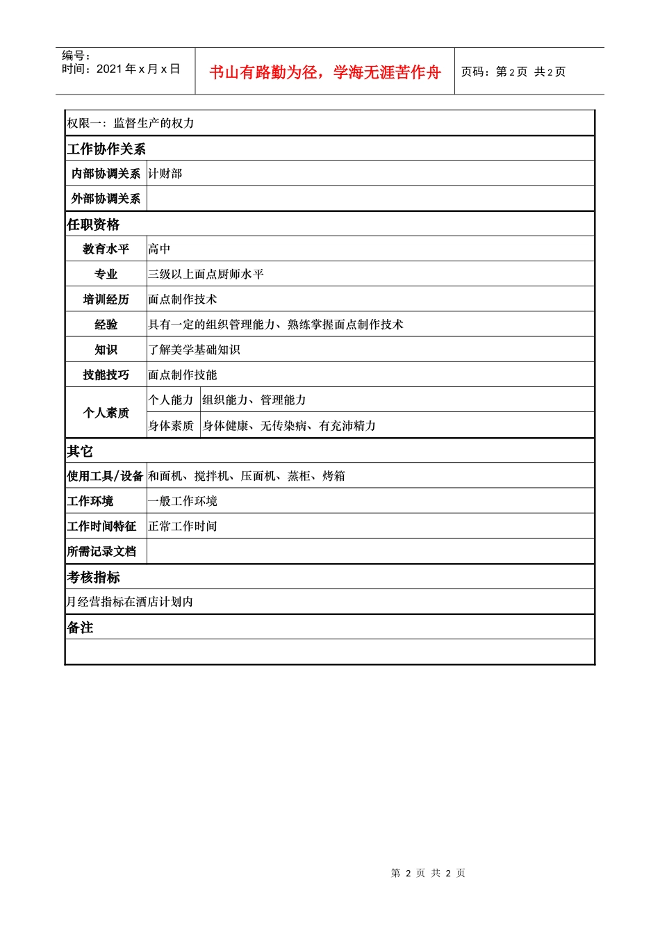 酒店餐饮部点心主厨岗位说明书_第2页