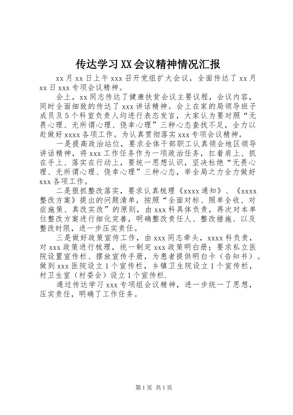 传达学习XX会议精神情况汇报_第1页