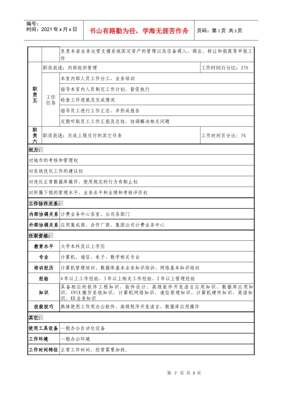 通信行业-计费业务中心-维护室主任岗位说明书_第2页