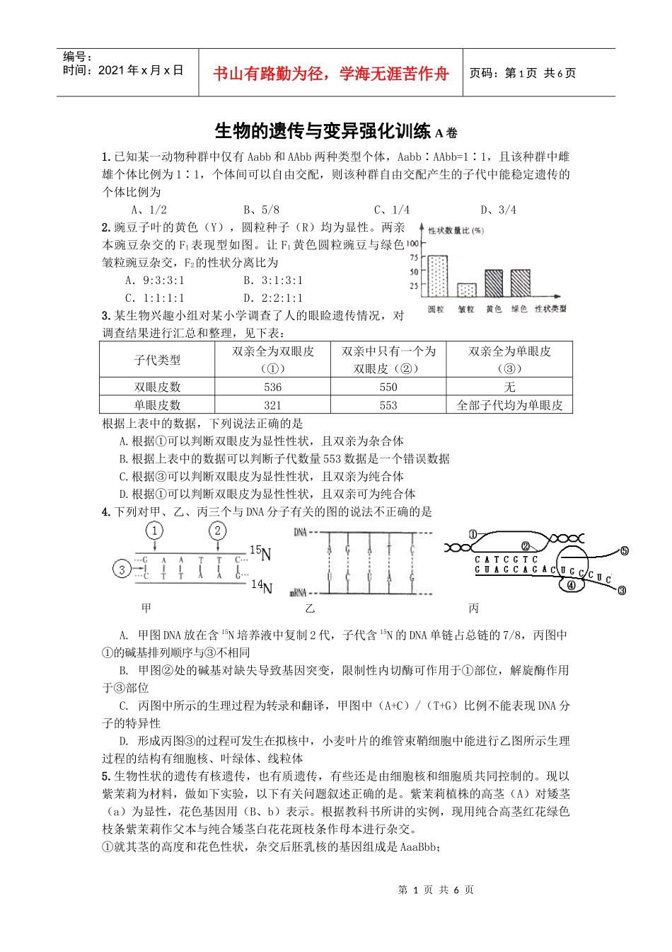 生物的遗传与变异强化训练A卷1已知某一动物种群中仅有Aab_第1页
