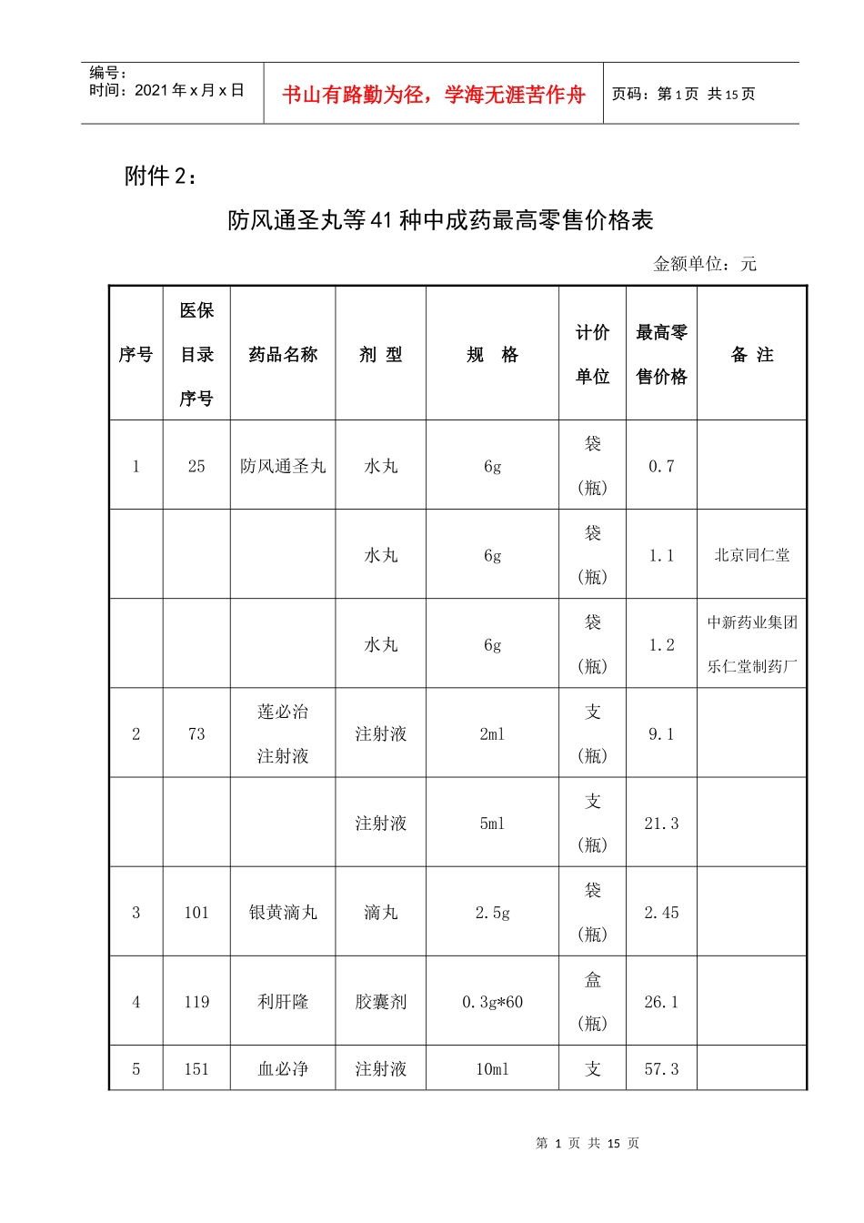 防风通圣丸等41种中成药最高零售价格表_第1页