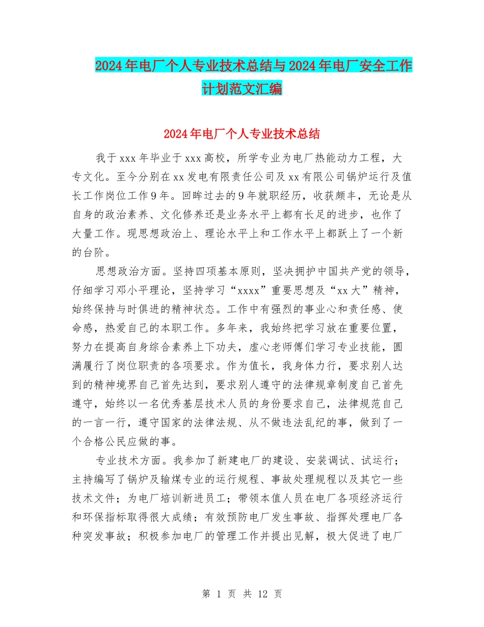 2024年电厂个人专业技术总结与2024年电厂安全工作计划范文汇编_第1页
