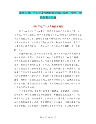 2024年电厂个人专业技术总结与2024年电厂安全工作计划范文汇编