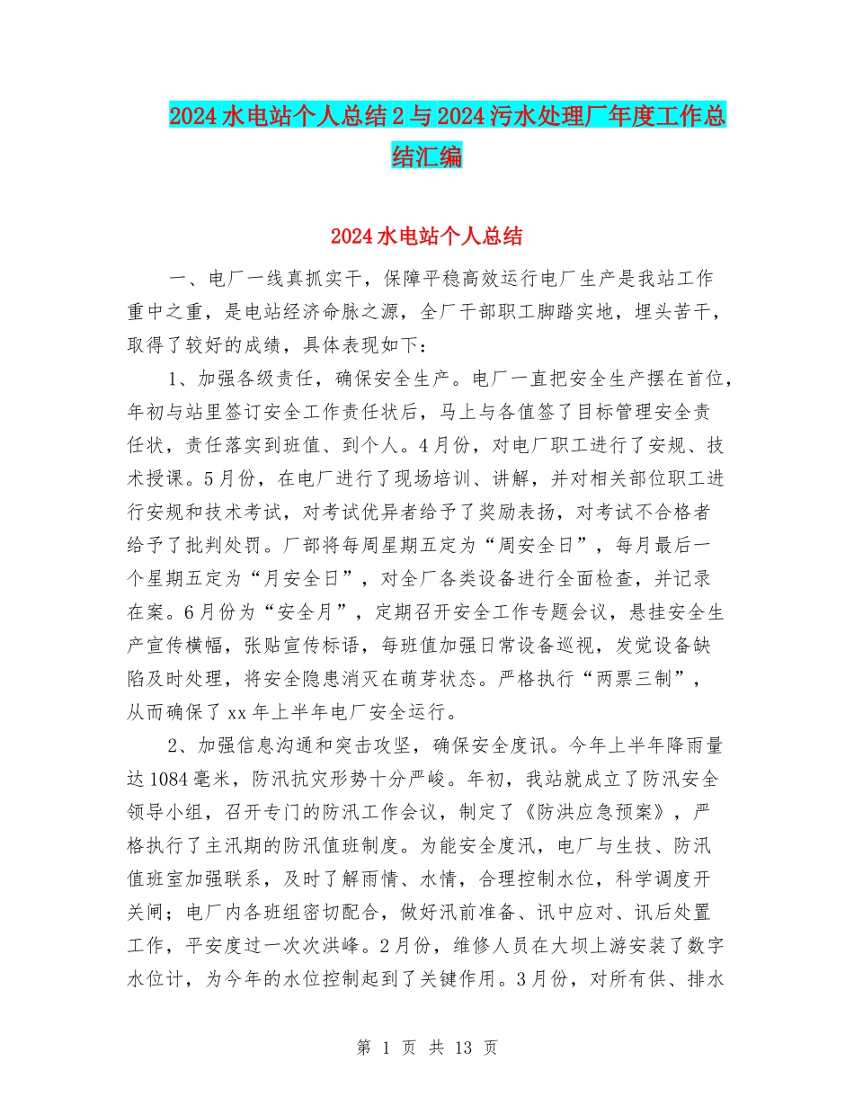 2024水电站个人总结2与2024污水处理厂年度工作总结汇编_第1页