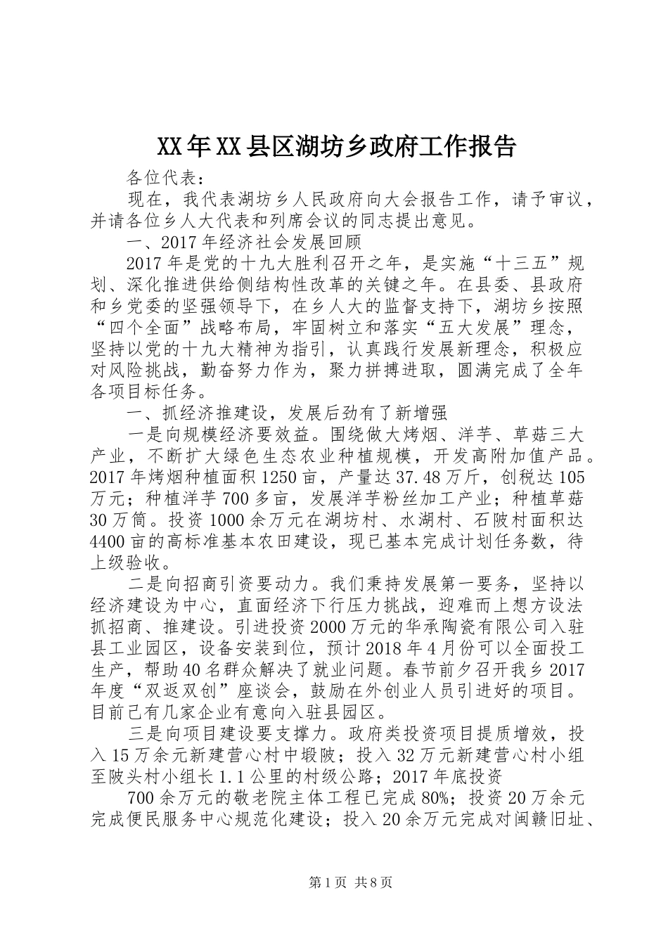XX年XX县区湖坊乡政府工作报告_第1页