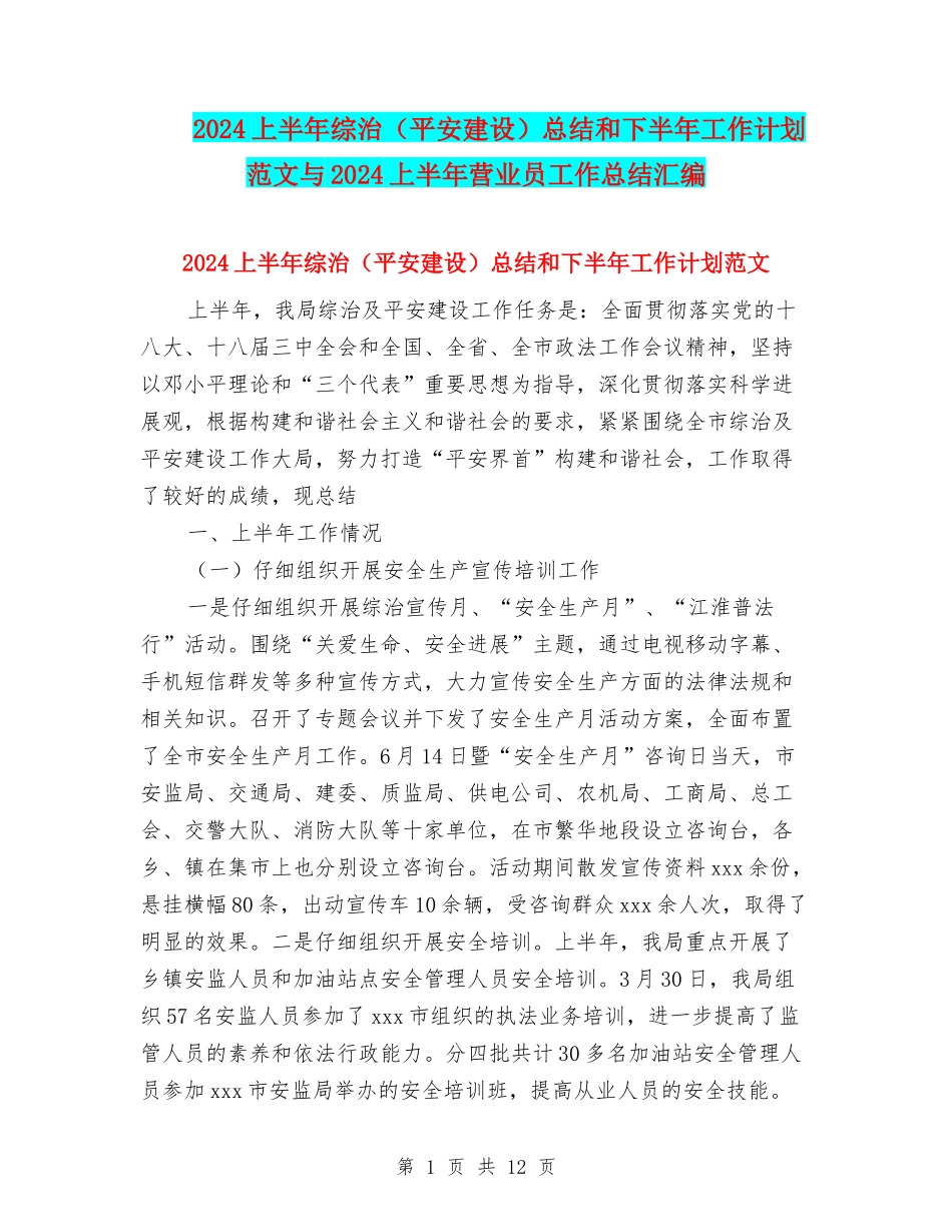 2024上半年综治总结和下半年工作计划范文与2024上半年营业员工作总结汇编_第1页
