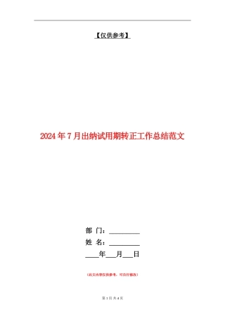 2024年7月出纳试用期转正工作总结范文