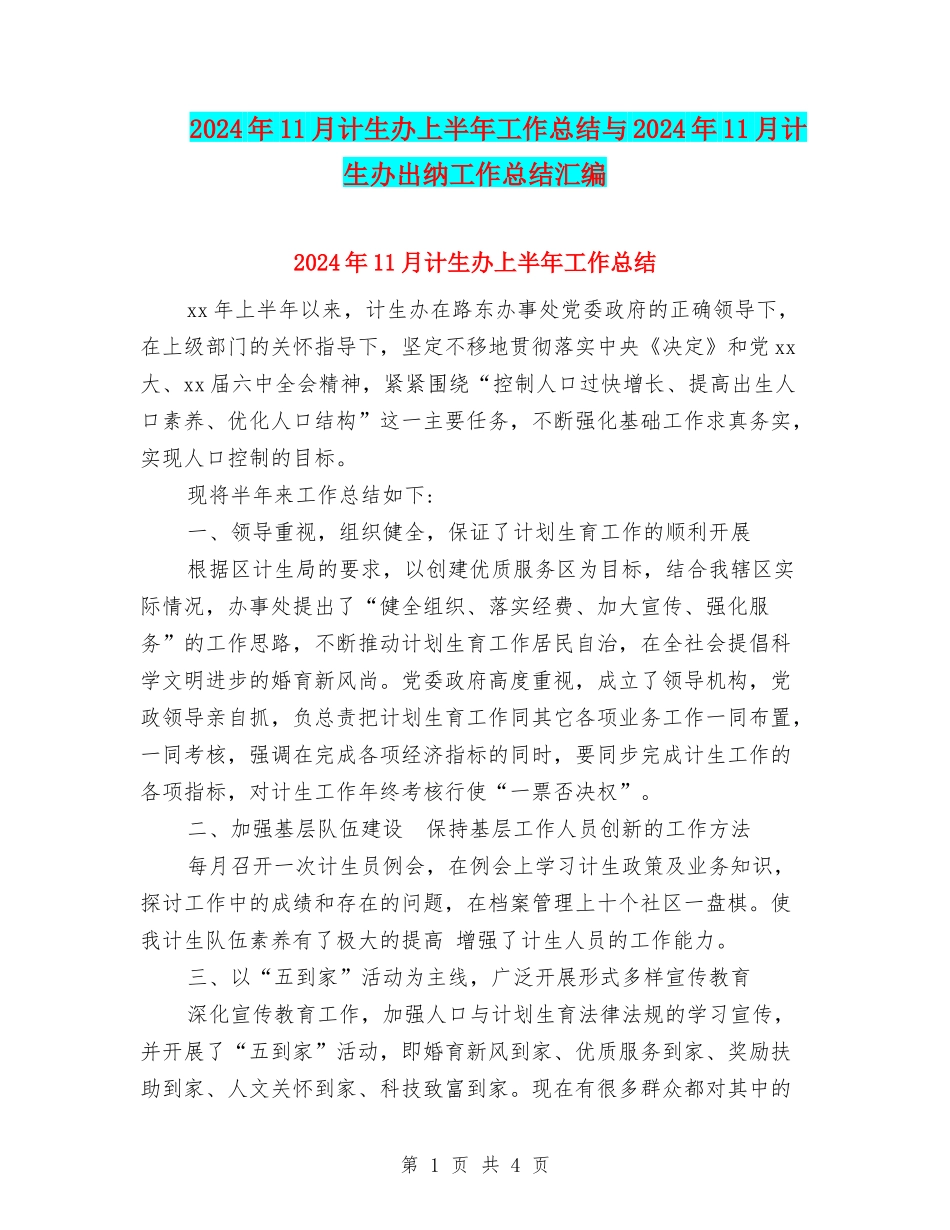 2024年11月计生办上半年工作总结与2024年11月计生办出纳工作总结汇编_第1页