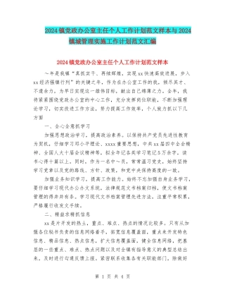 2024镇党政办公室主任个人工作计划范文样本与2024镇城管理实施工作计划范文汇编