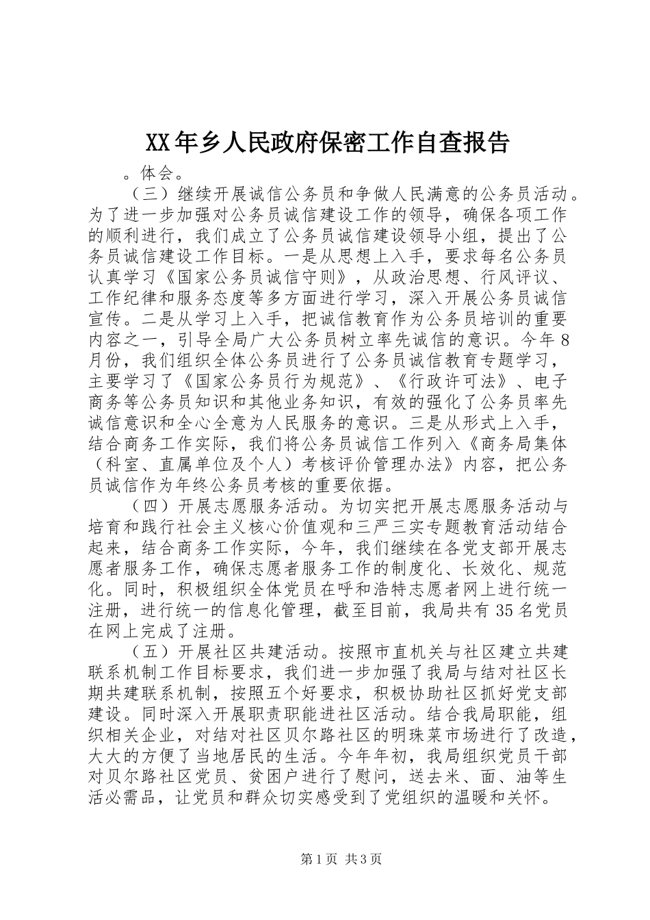 XX年乡人民政府保密工作自查报告_第1页