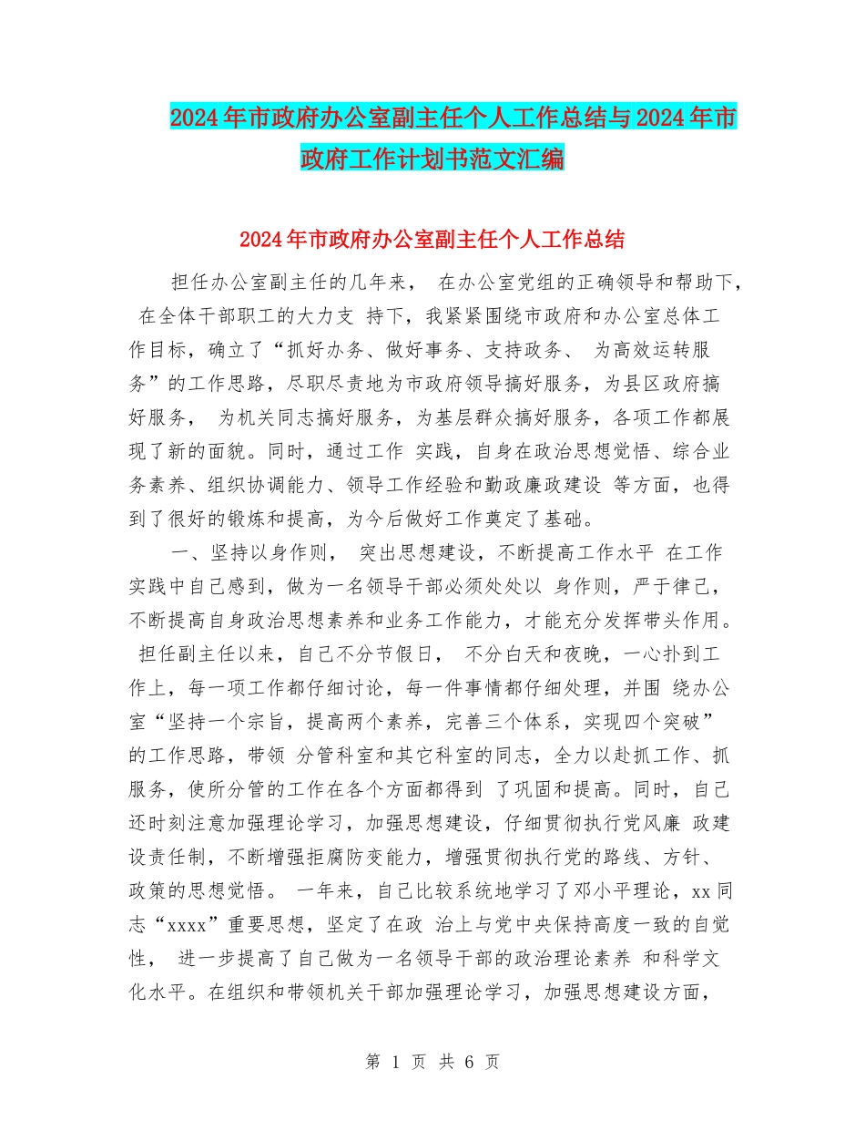 2024年市政府办公室副主任个人工作总结与2024年市政府工作计划书范文汇编_第1页