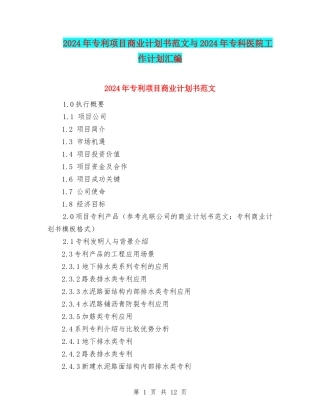 2024年专利项目商业计划书范文与2024年专科医院工作计划汇编.doc