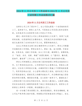 2024年11月公司员工工作总结与2024年11月公司员工试用期工作总结格式汇编