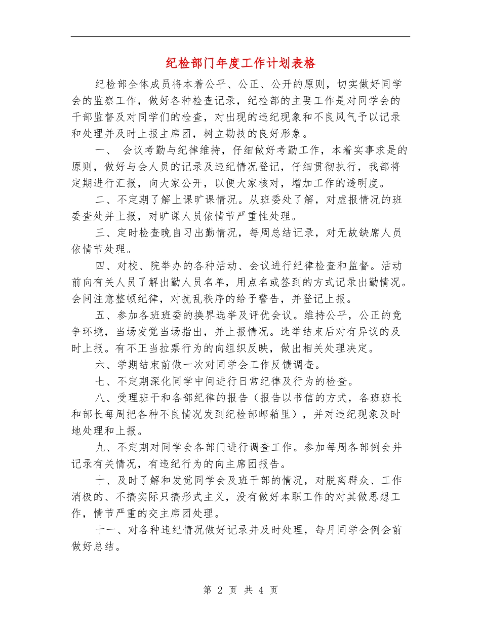 纪检部门年度工作计划表格_第2页