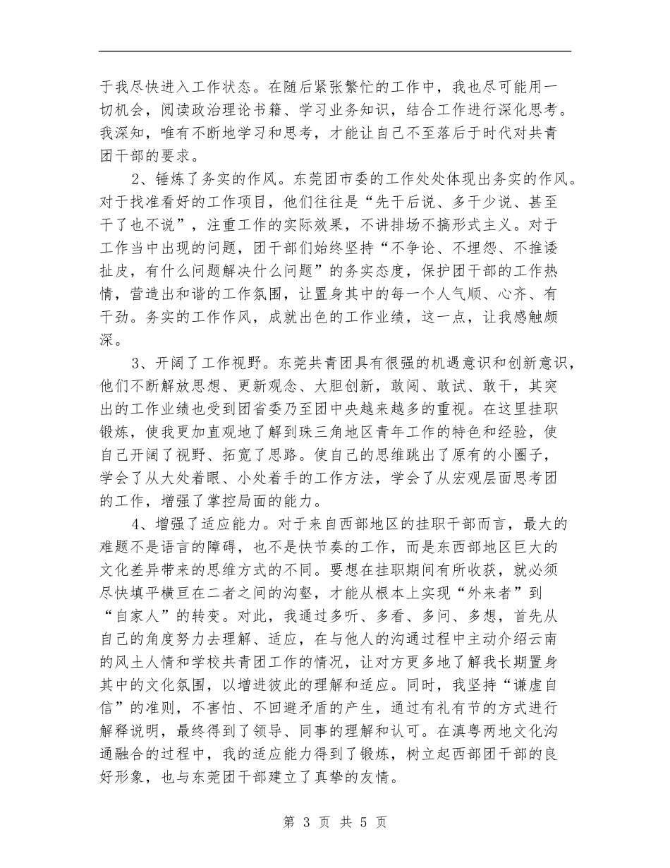 内陆省份团干部到改革开发的前沿地区挂职锻炼学习总结_第3页