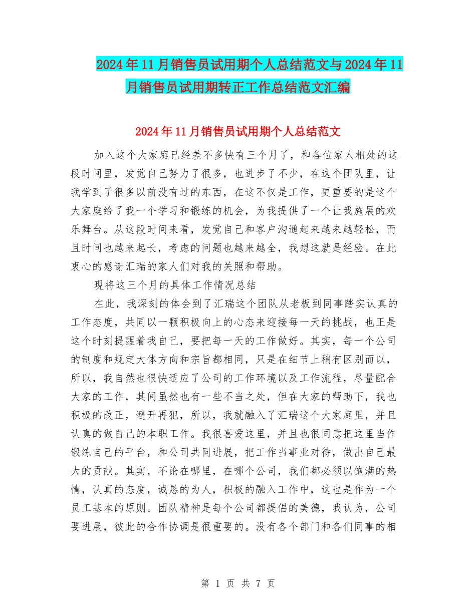 2024年11月销售员试用期个人总结范文与2024年11月销售员试用期转正工作总结范文汇编_第1页