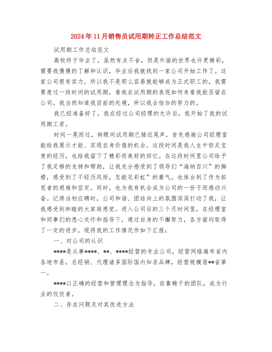 2024年11月销售员试用期个人总结范文与2024年11月销售员试用期转正工作总结范文汇编_第3页