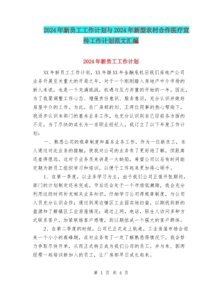 2024年新员工工作计划与2024年新型农村合作医疗宣传工作计划范文汇编