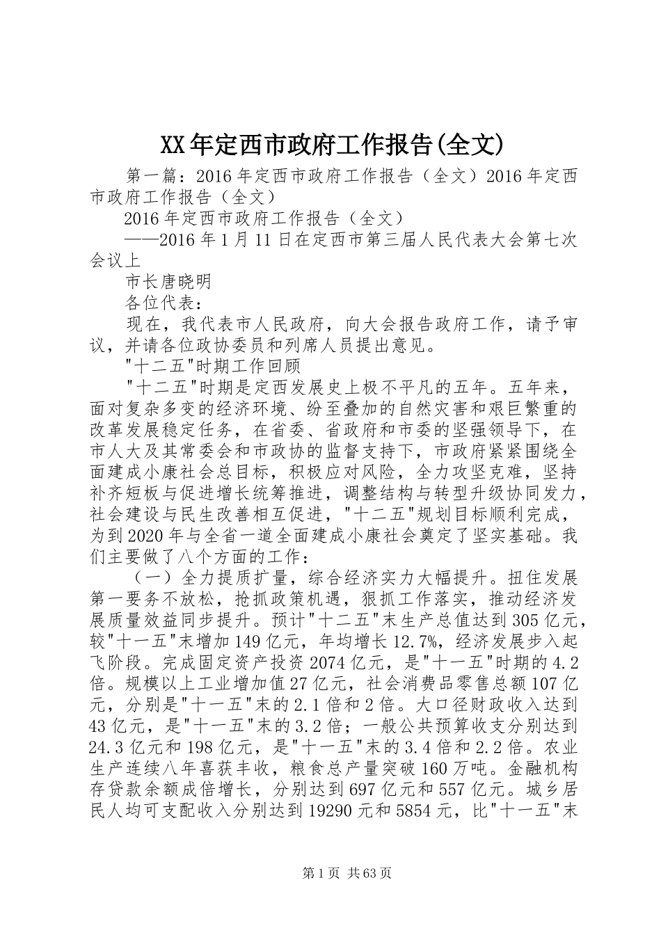 XX年定西市政府工作报告(全文)_第1页