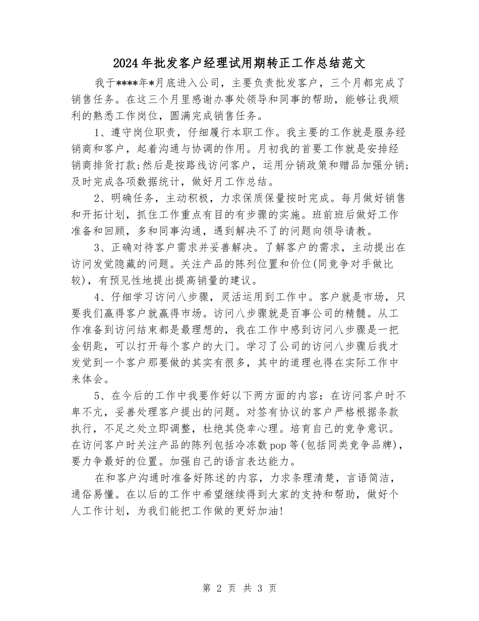 2024年批发客户经理试用期转正工作总结范文_第2页