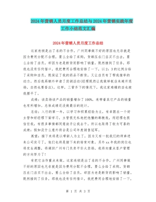 2024年营销人员月度工作总结与2024年营销实践年度工作小结范文汇编
