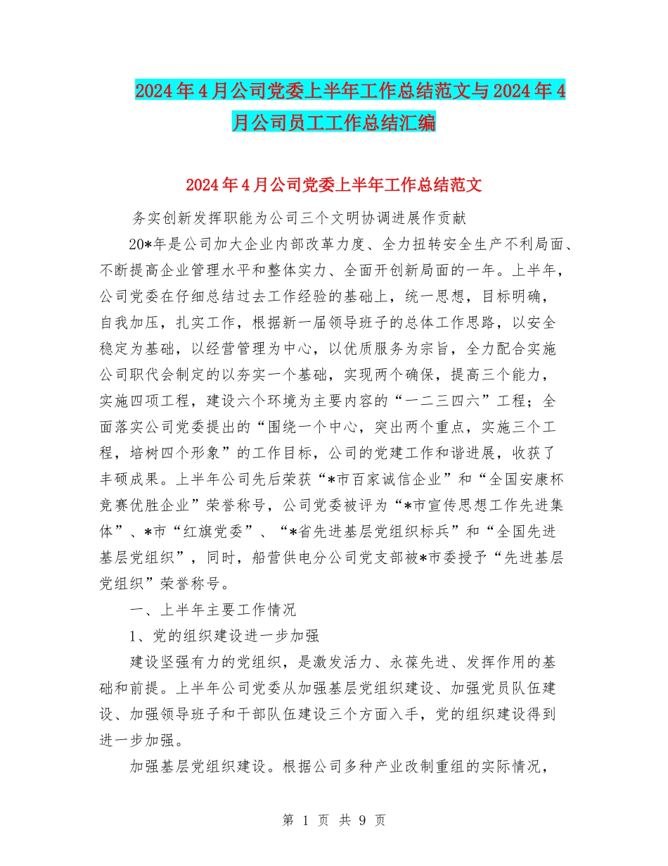 2024年4月公司党委上半年工作总结范文与2024年4月公司员工工作总结汇编_第1页