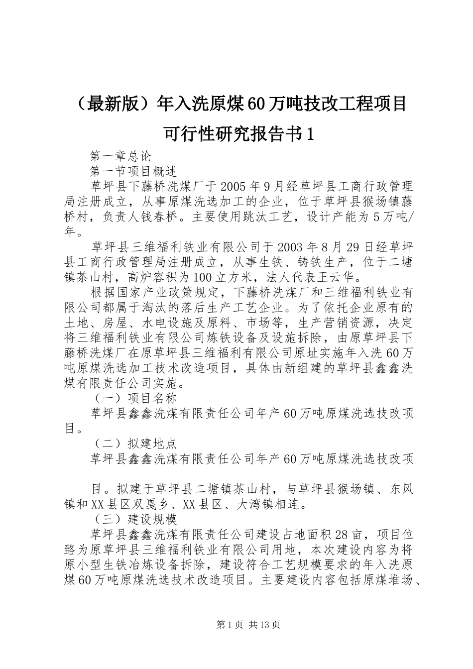 （最新版）年入洗原煤60万吨技改工程项目可行性研究报告书1_第1页