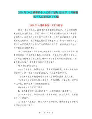2024年10月销售员个人工作计划与2024年10月销售员个人总结范文2汇编