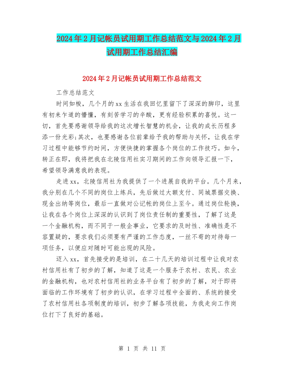 2024年2月记帐员试用期工作总结范文与2024年2月试用期工作总结汇编_第1页