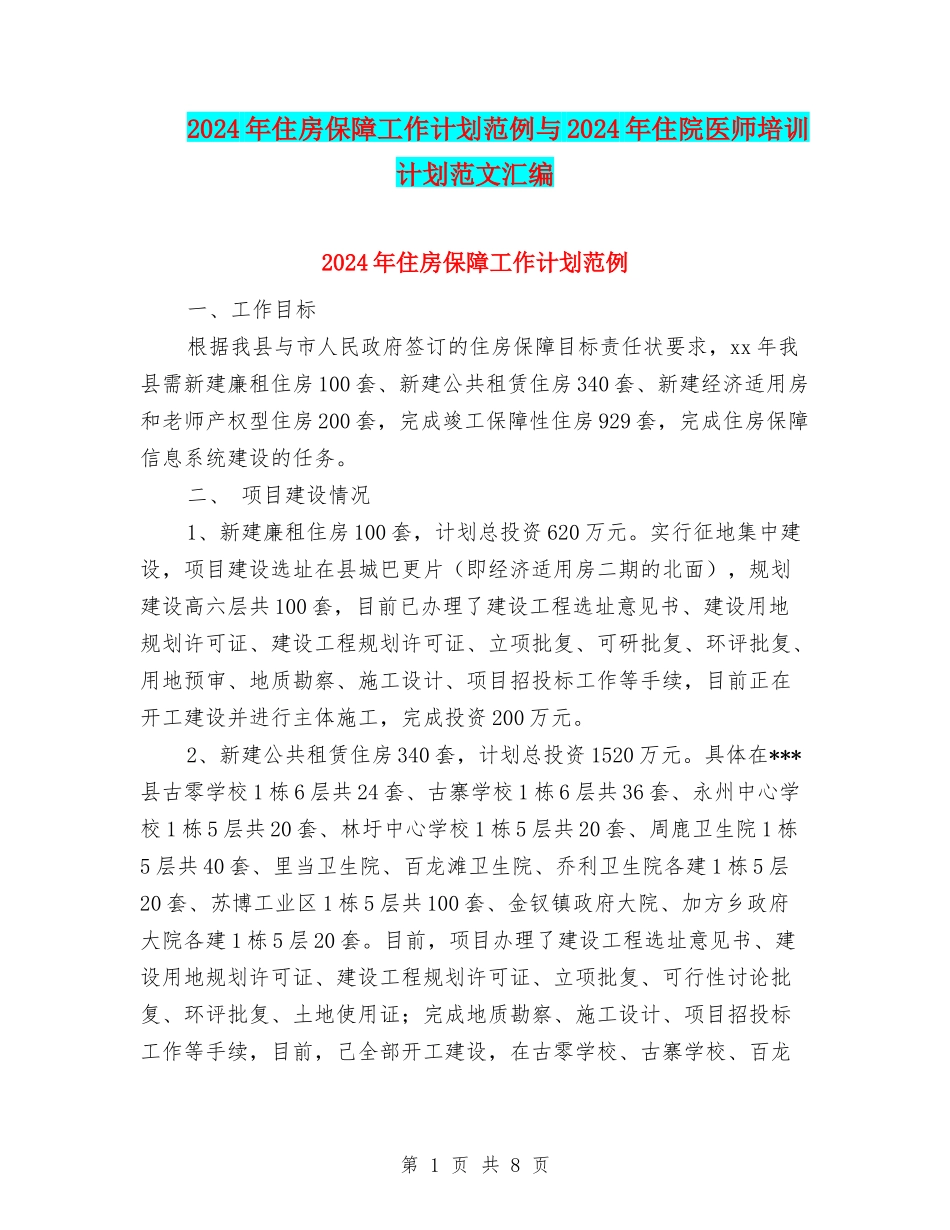 2024年住房保障工作计划范例与2024年住院医师培训计划范文汇编_第1页
