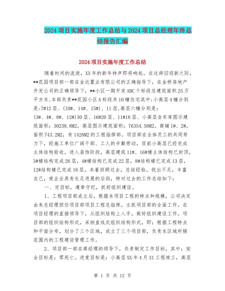 2024项目实施年度工作总结与2024项目总经理年终总结报告汇编_第1页
