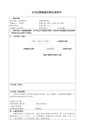某大型汽车零部件公司品保部过程检验员职位说明书