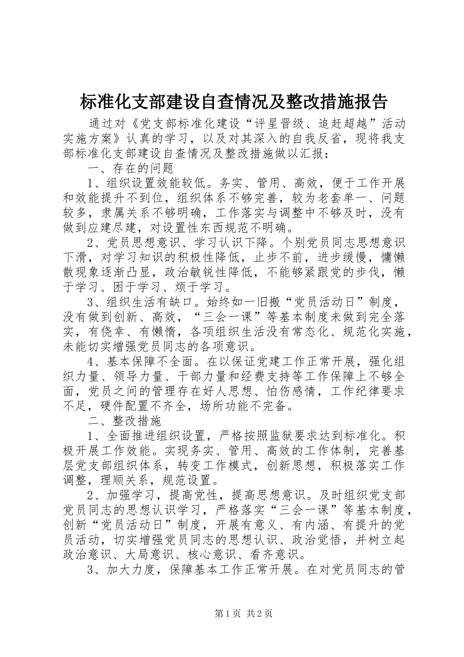 标准化支部建设自查情况及整改措施报告_第1页
